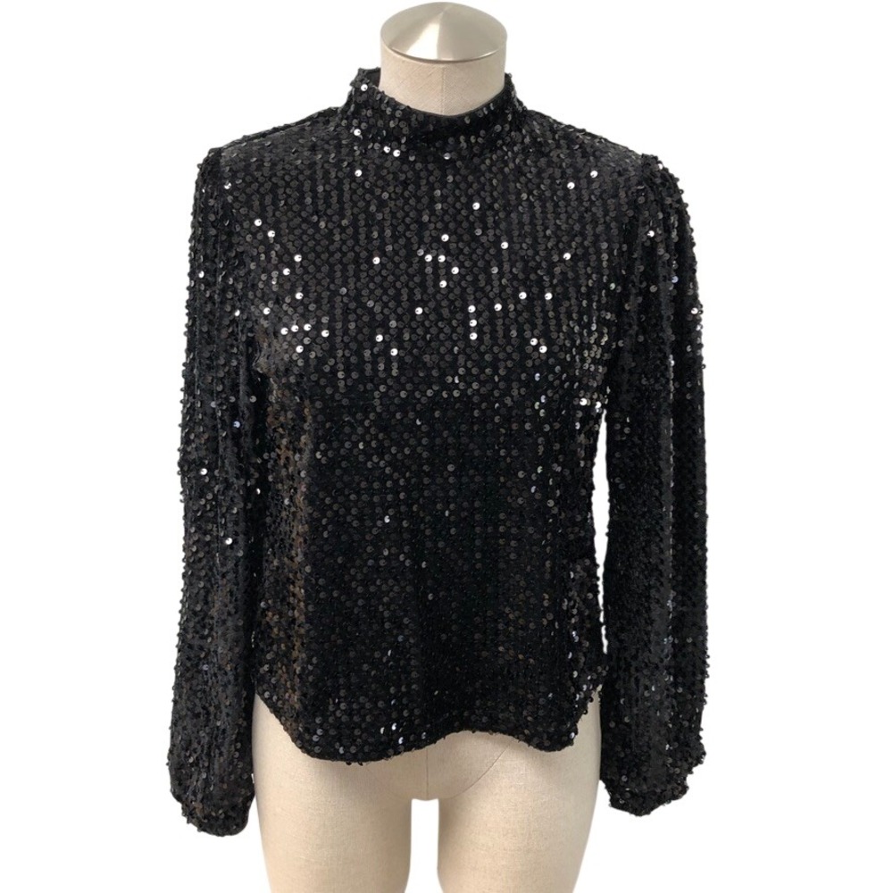 Sanctuary Sequin Top Womens Small Black Long Sleeve Mock Neck Going Out Party